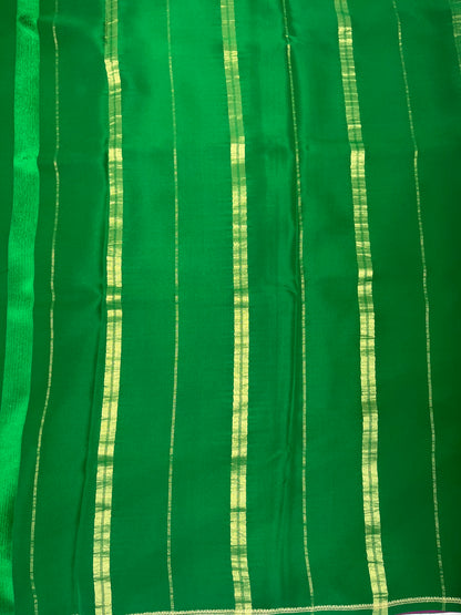 Pure Zari Mysore Silk Saree Floral Gatti Border In Pink With Green Contrast Color Blouse