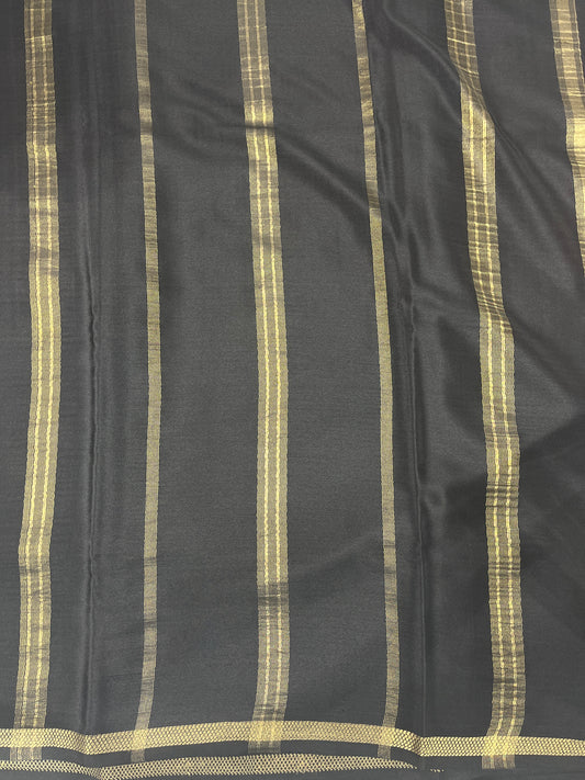 Pure CSG Zari Mysore Silk Saree Between Checks Pattern Orange With Black Contrast Color Blouse