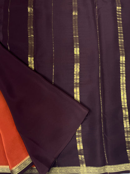 Pure Zari Mysore Silk Saree One Inch Dimond Border In Orange With Brown Contrast Color Blouse