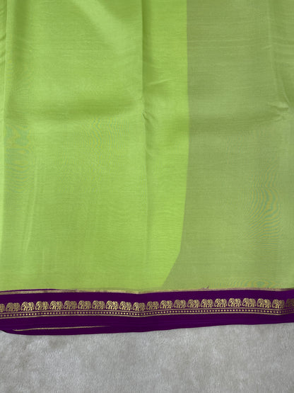 Pure Zari Mysore Silk Saree Elephant Border In Pista Green With Pink Contrast Color Blouse