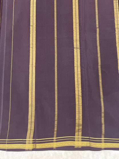 Two Line One Inch Border in Gold Lace Mysore silk saree In Self Dark Brown Color