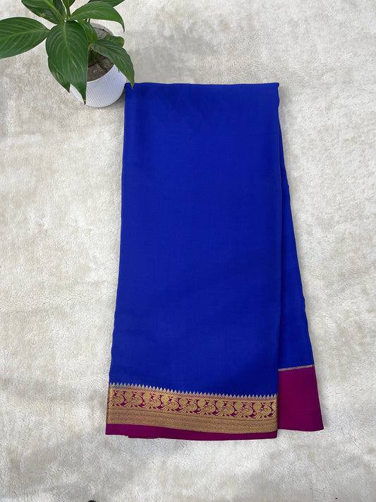Pure Zari Mysore Silk Saree Peacock Border In Blue With Pink Contrast Color Blouse