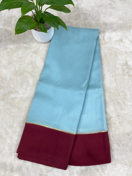 Pure Zari Mysore Silk Saree Bentex Border In Blue With Maroon Contrast Color