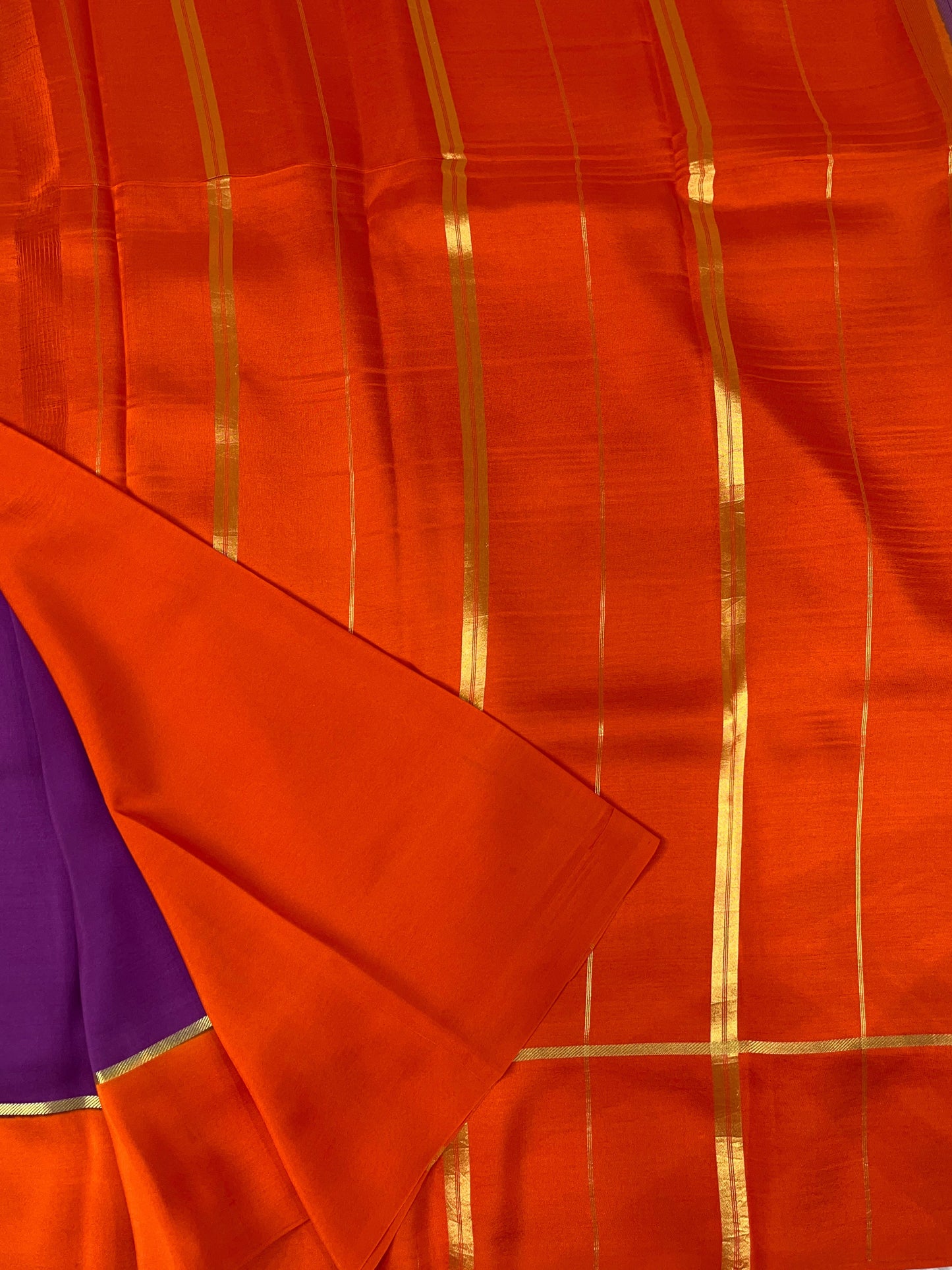 Pure Zari Mysore Silk Saree Bentex Border In Puple With Orange Contrast Color