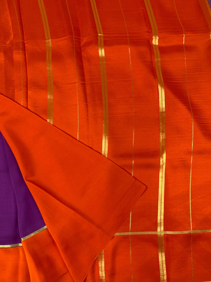 Pure Zari Mysore Silk Saree Bentex Border In Puple With Orange Contrast Color