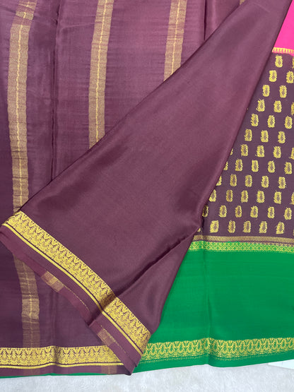 Pure crepe Mysore silk saree butta in Pink , Green and Brown contrast Colour Blouse