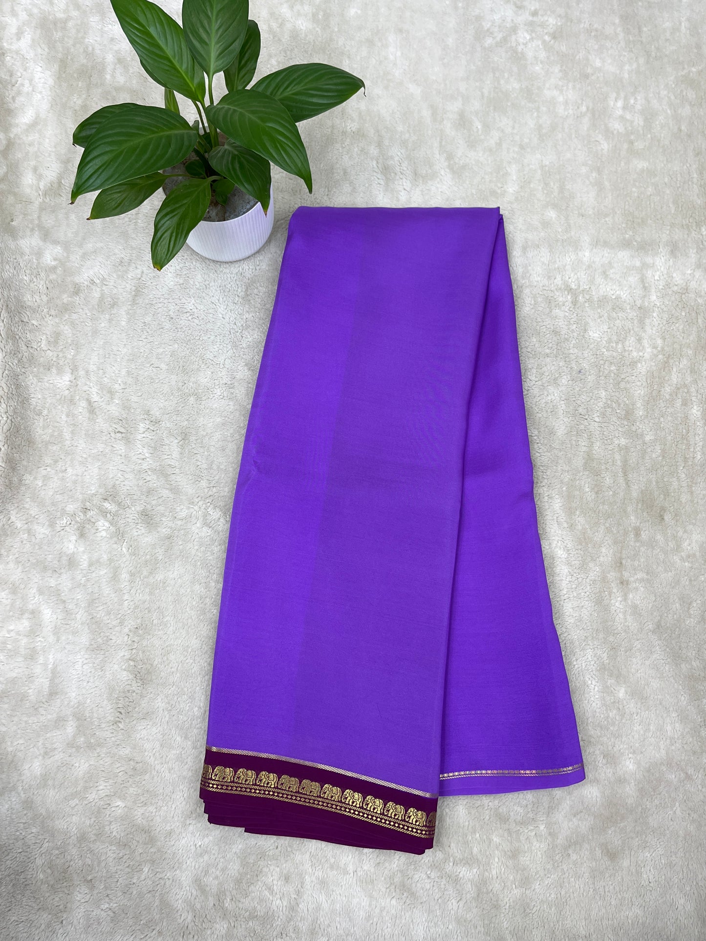 Mysore Silk Saree Pure Zari Elephant Border In Lavender With Wine Contrast Color Blouse