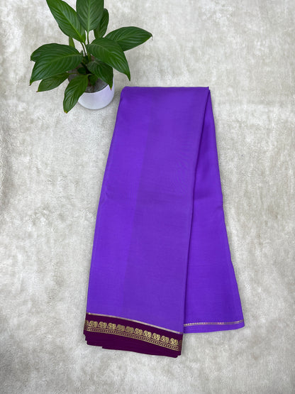Mysore Silk Saree Pure Zari Elephant Border In Lavender With Wine Contrast Color Blouse