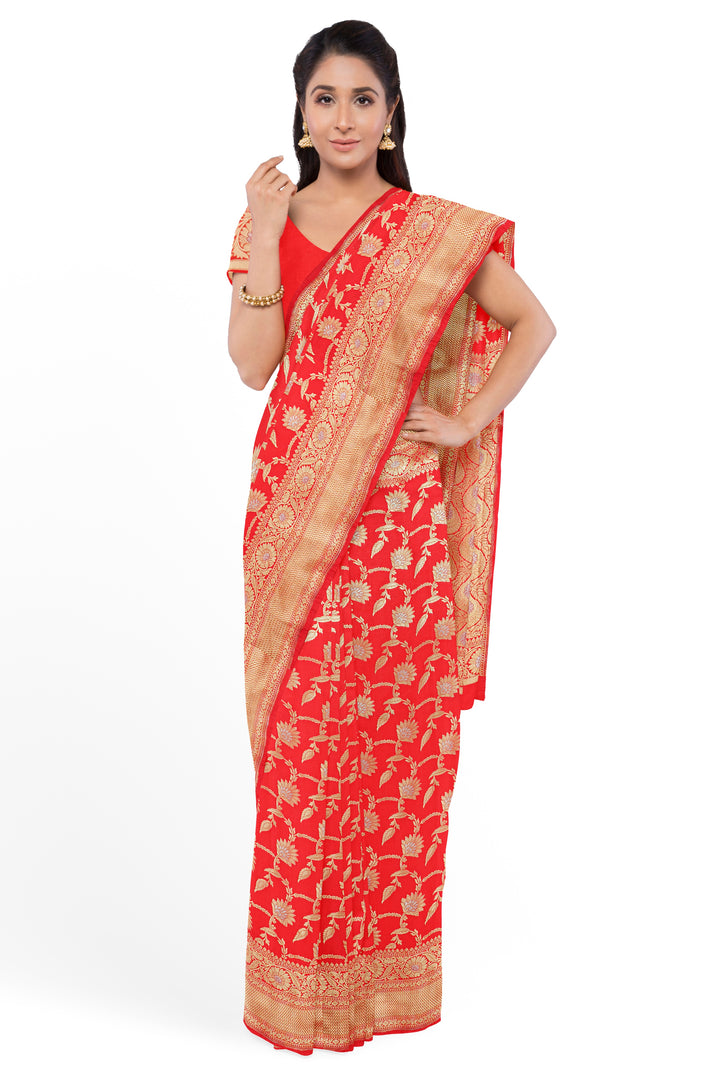 RED BANARASI KATAN SILK WITH JAAL WORK HANDLOOM SAREE