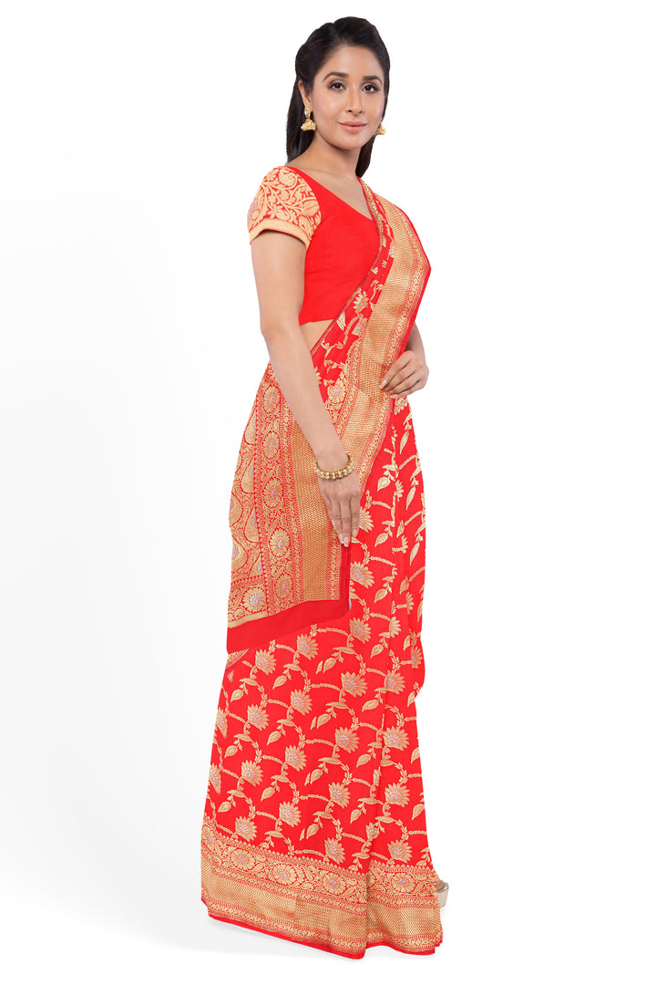 RED BANARASI KATAN SILK WITH JAAL WORK HANDLOOM SAREE