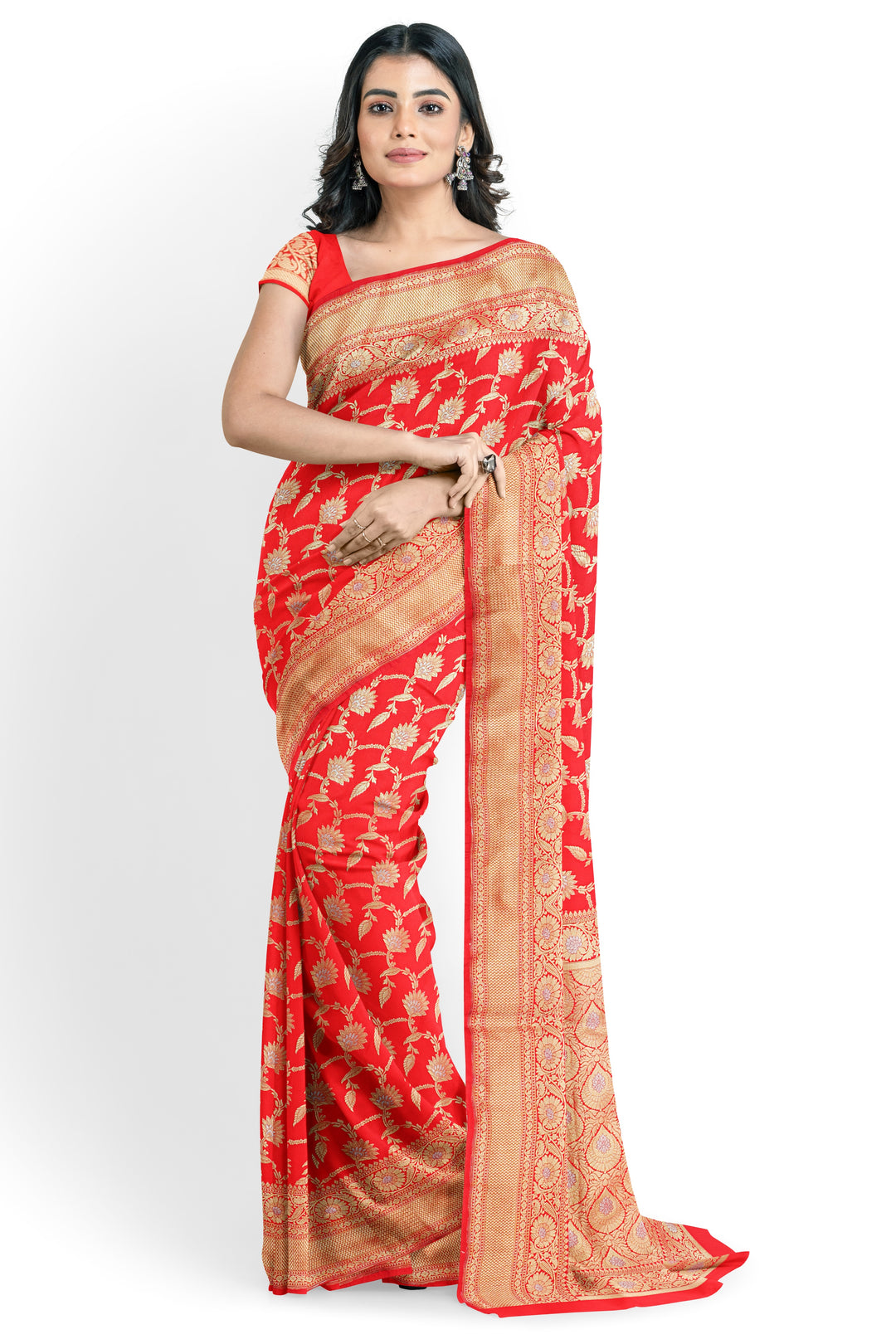 RED BANARASI KATAN SILK WITH JAAL WORK HANDLOOM SAREE