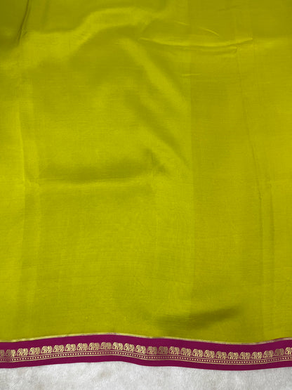 Pure Zari Mysore Silk Saree Elephant Border In Green With Pink Contrast Color Blouse