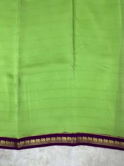 Pure Zari Mysore Silk Saree Elephant Border In Light Green With Pink Contrast Color Blouse
