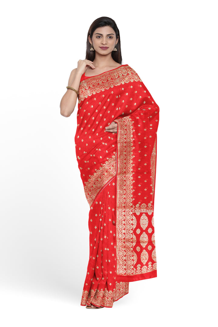 RED COLOUR BLENDED GEORGETTE SAREES BANARASI HANDLOOM SAREE - ATHARVA