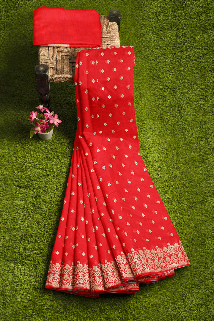 RED COLOUR BLENDED GEORGETTE SAREES BANARASI HANDLOOM SAREE - ATHARVA