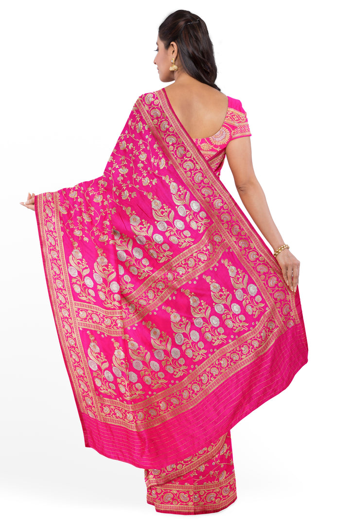 HOT PINK BANARASI BLENDED KATAN SILK HANDLOOM SAREE - ATHARVA