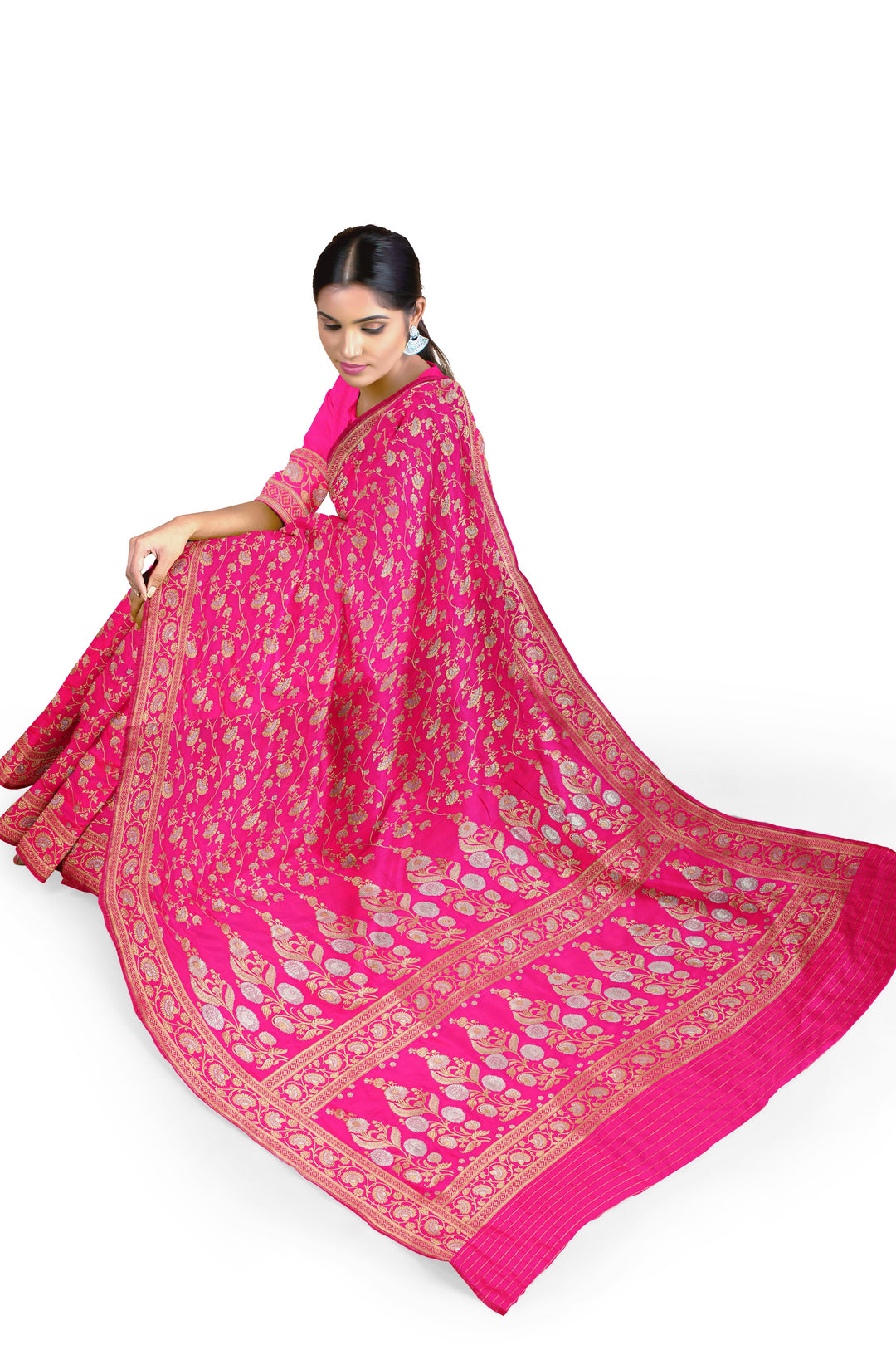 HOT PINK BANARASI BLENDED KATAN SILK HANDLOOM SAREE - ATHARVA