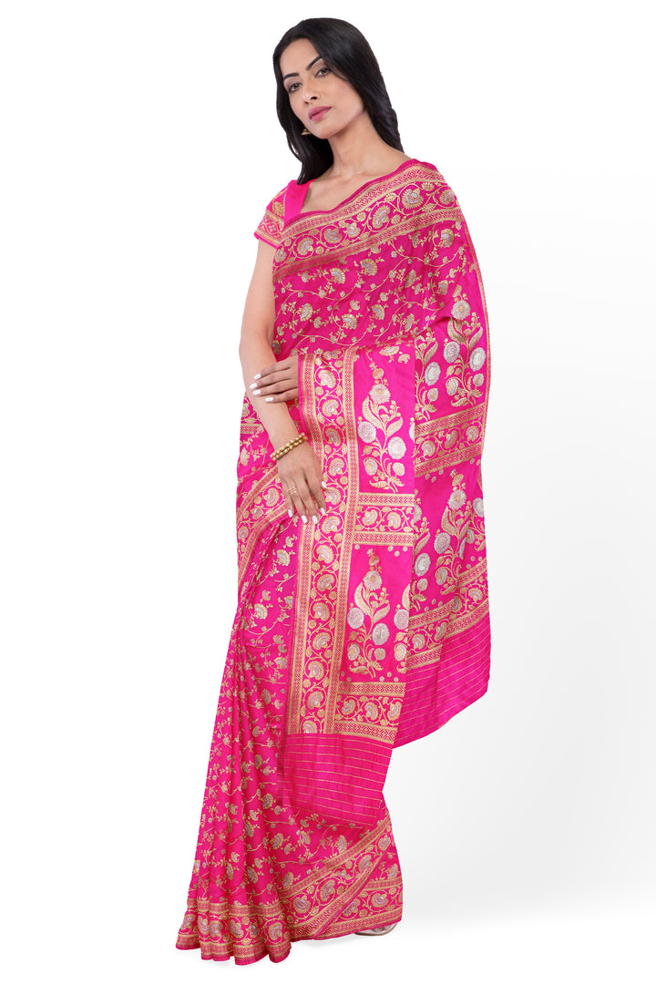 HOT PINK BANARASI BLENDED KATAN SILK HANDLOOM SAREE - ATHARVA