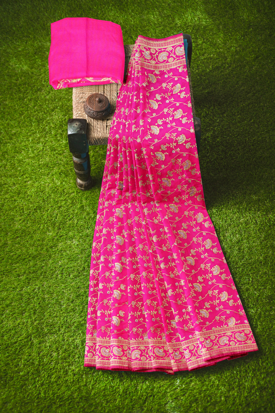 HOT PINK BANARASI BLENDED KATAN SILK HANDLOOM SAREE - ATHARVA