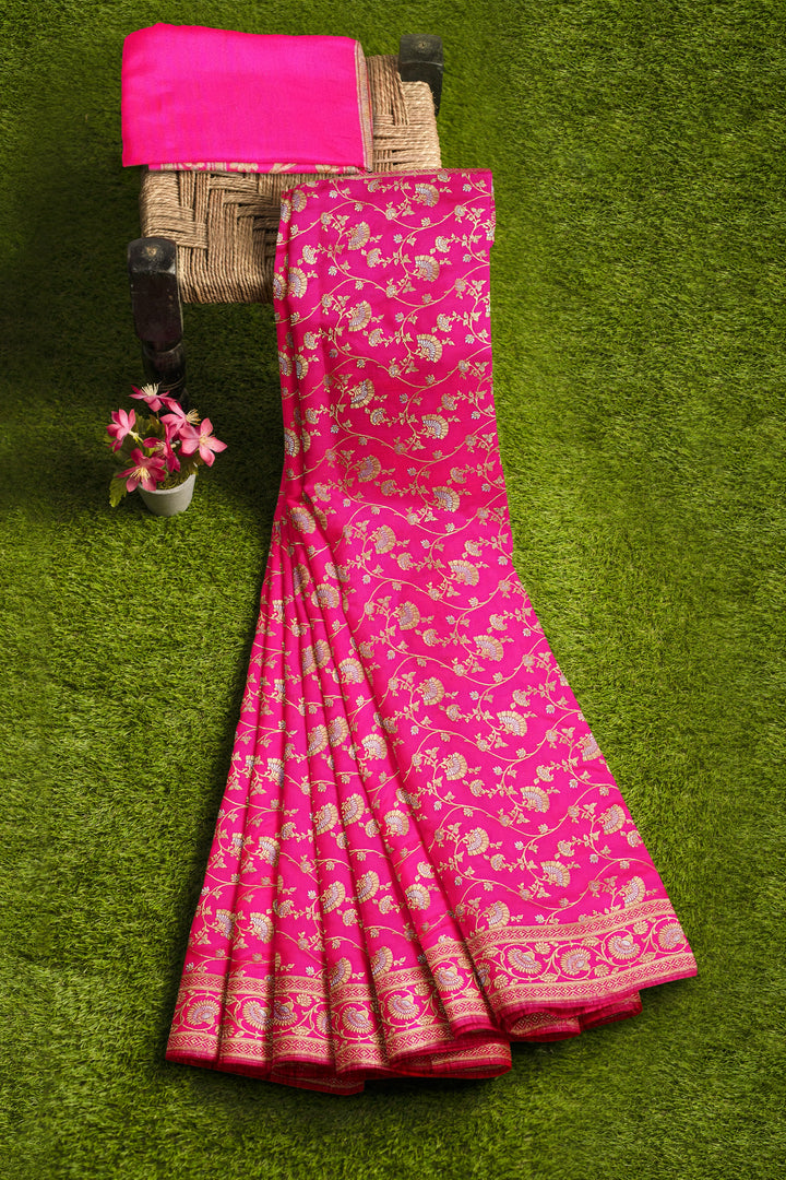 HOT PINK BANARASI BLENDED KATAN SILK HANDLOOM SAREE - ATHARVA