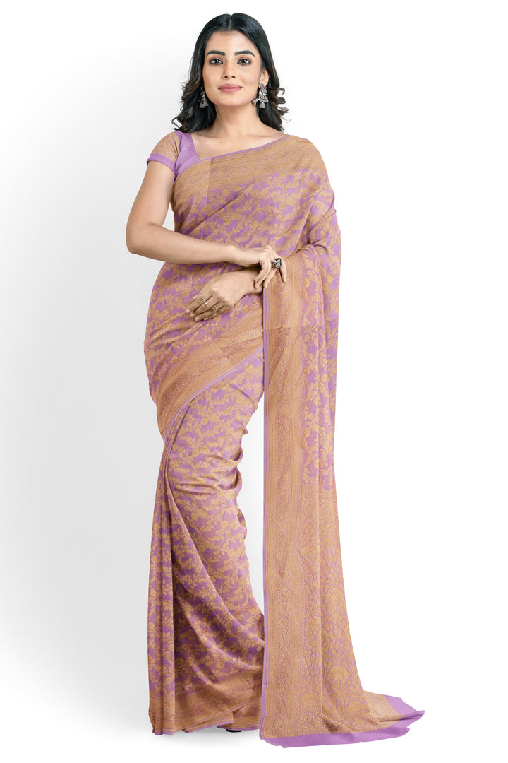 Soft lavender Jaal Khaddi Georgette Handloom Banarasi Saree | SILK MARK CERTIFIED - ATHARVA