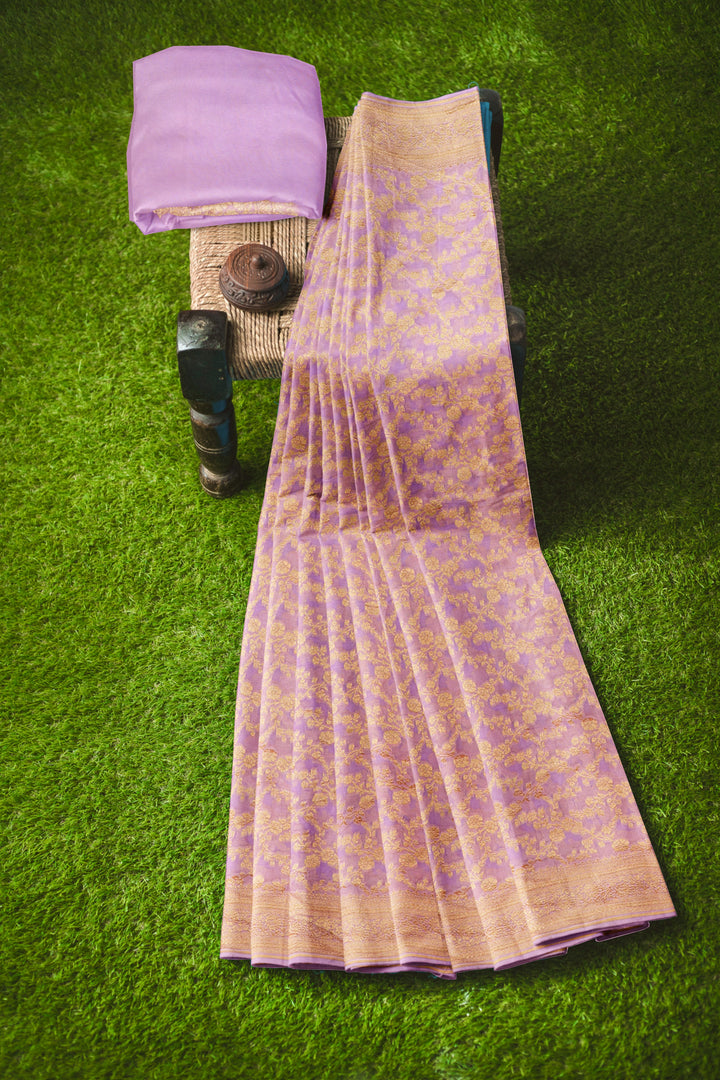 Soft lavender Jaal Khaddi Georgette Handloom Banarasi Saree | SILK MARK CERTIFIED - ATHARVA