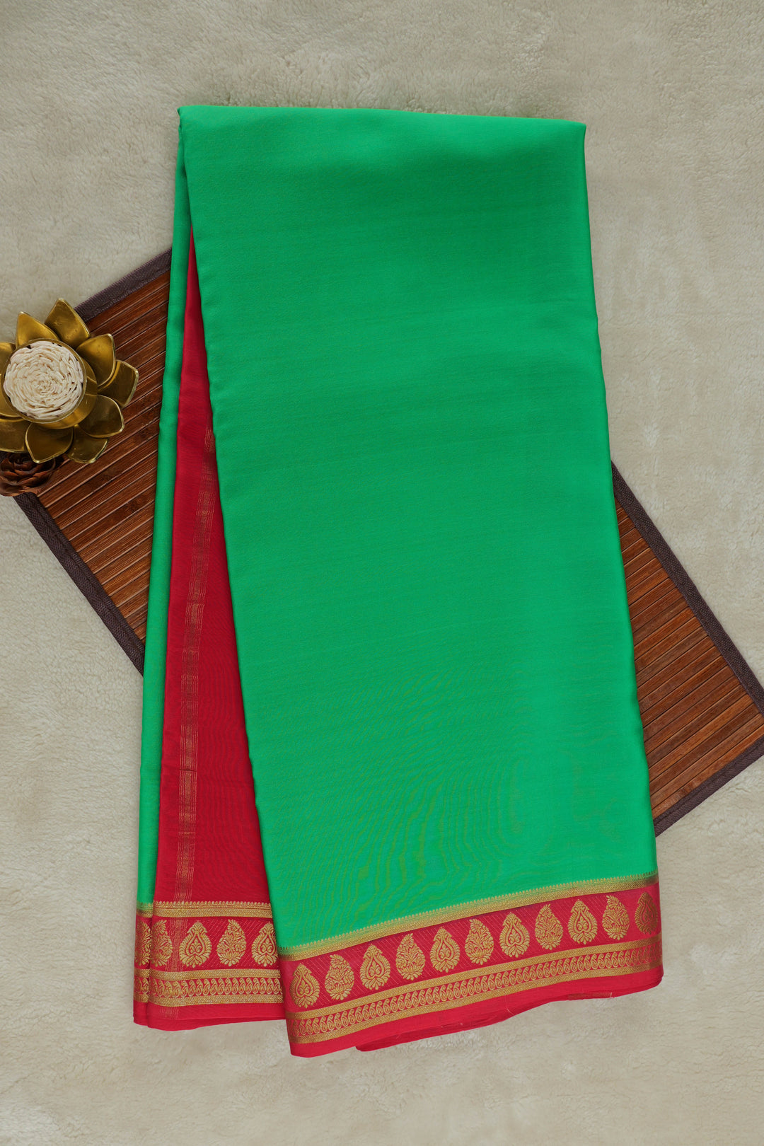 Beautiful green Mysore silk saree with red border and gold accents