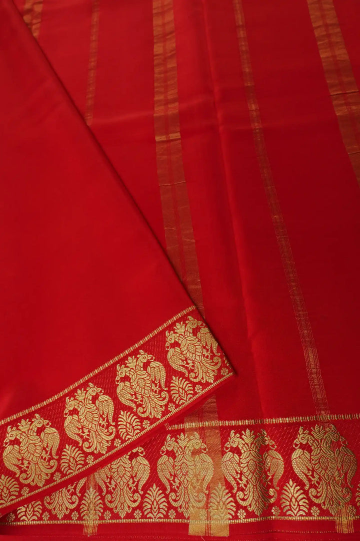  Beige Mysore Silk Saree with Red pallu and gandaberunda design