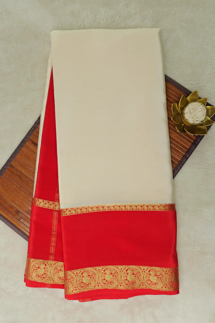 Beige Mysore Silk Saree with red pallu and gold border