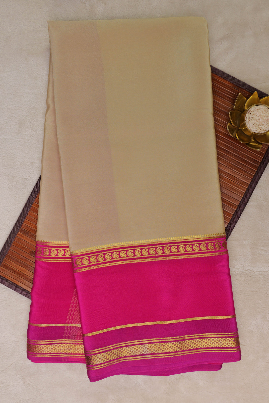 Beige and pink Color mysore crepe silk sarees with price