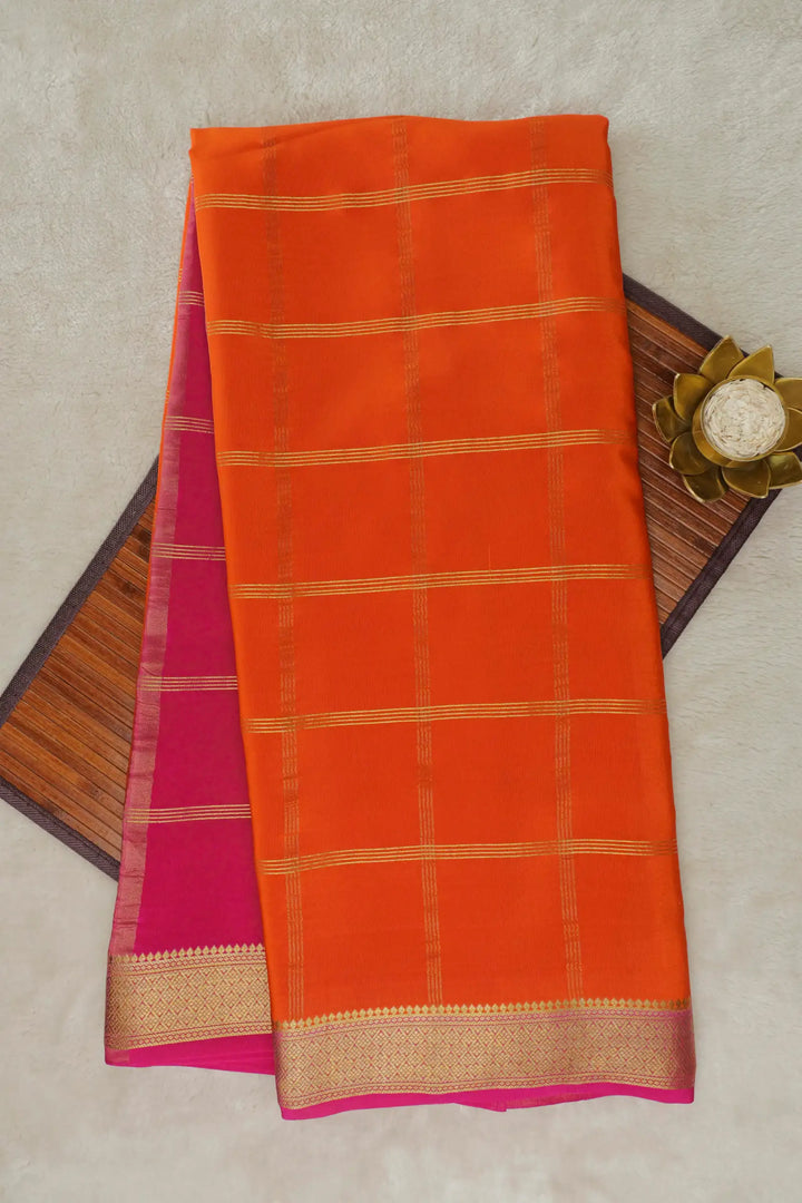Big Checks Mysore Silk Saree in Orange and Pink Color