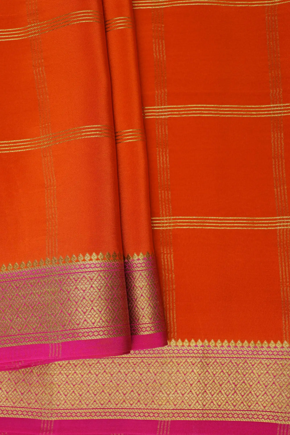 Big Checks Mysore Silk Saree in Orange and Pink Color with Contrast Pink and Gold Border