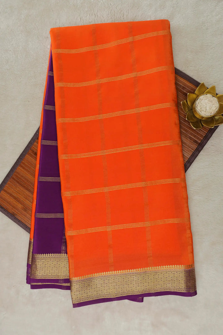 Big Checks Mysore Silk Saree in Orange and Purple Color 