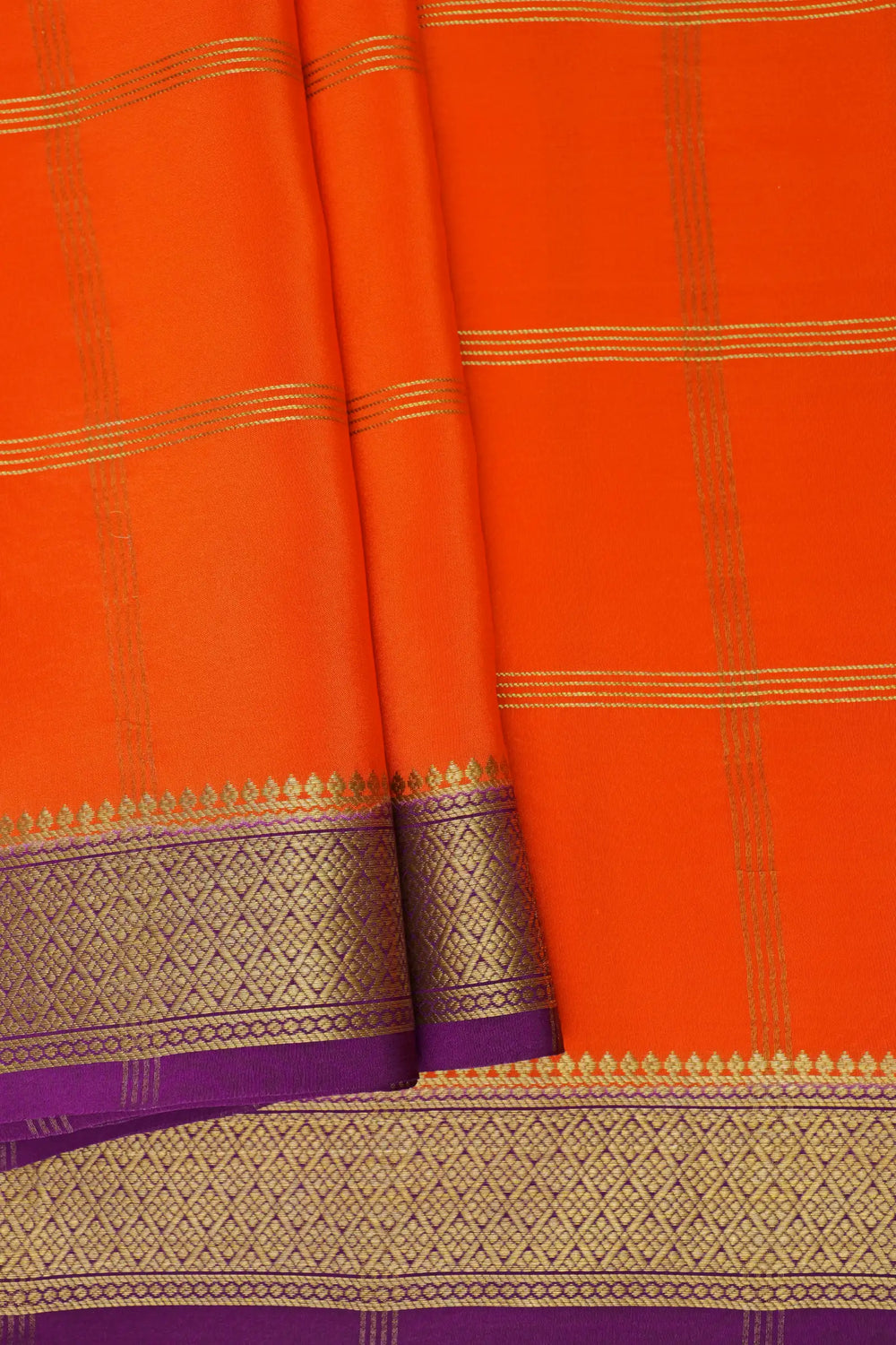 Big Checks Mysore Silk Saree in Orange and Purple Color with Contrast Purple Color Blouse