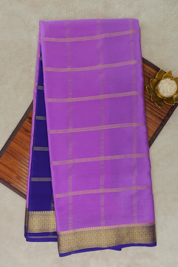 Big Checks Pure Mysore Silk Saree in Purple and Blue Color 