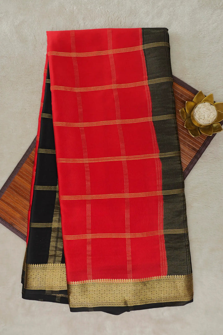Big Checks Pure Mysore Silk Saree in Red and Black Color