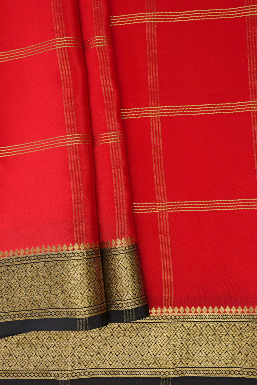 Big Checks Pure Mysore Silk Saree in Red and Black Color with Contrast Black Border