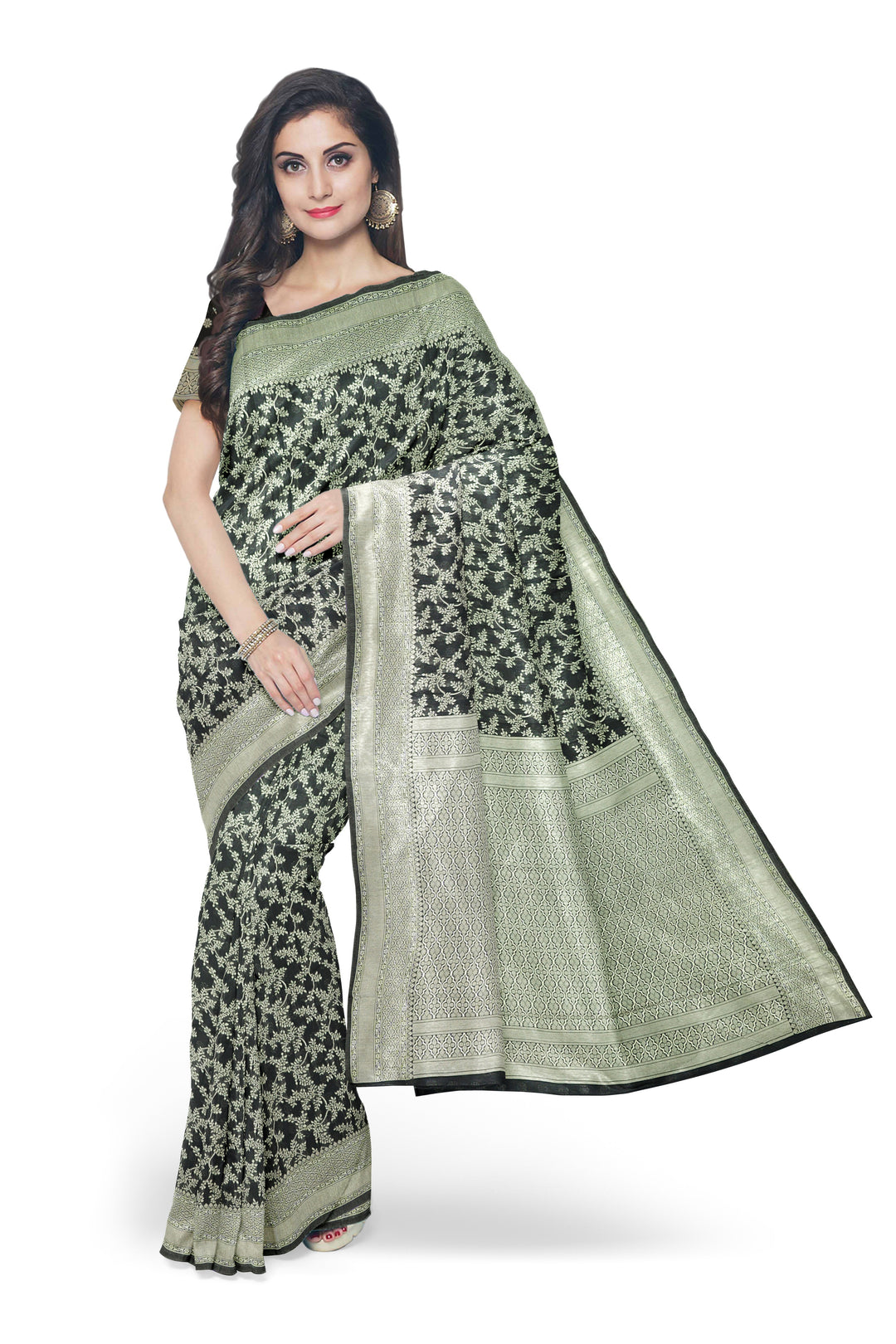 BLACK COLOUR BLENDED COTTON SADA BANARASI HANDLOOM SAREE - ATHARVA