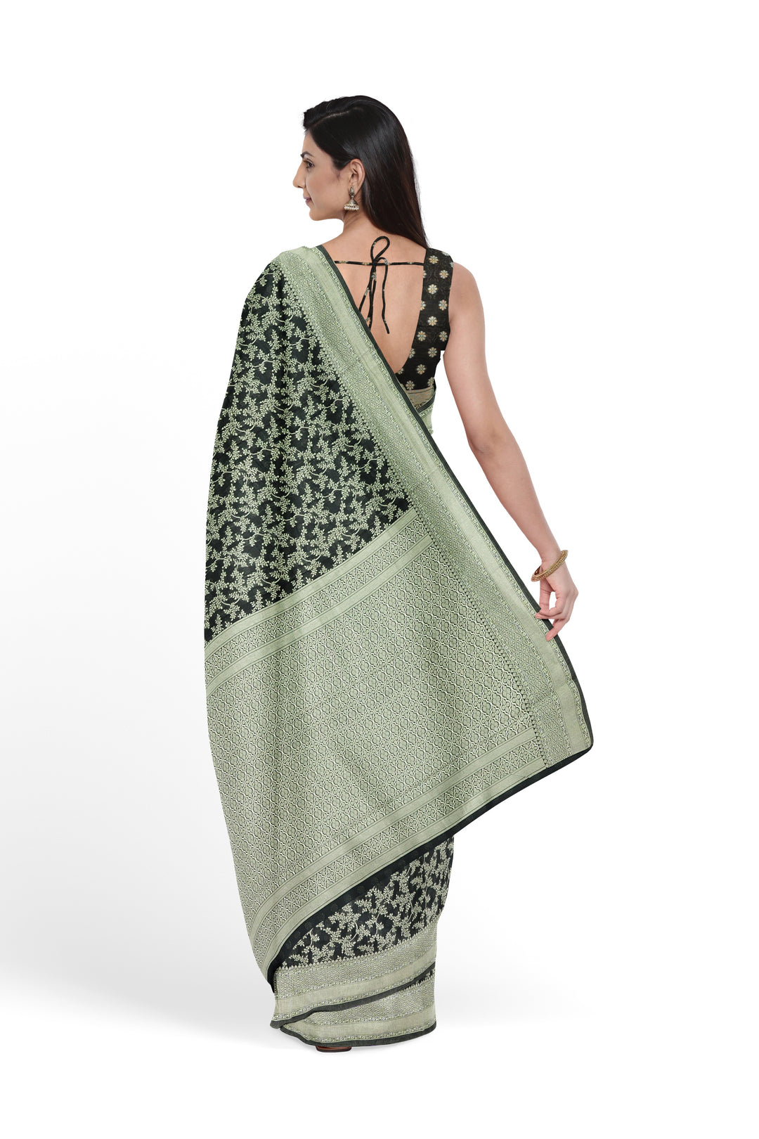 BLACK COLOUR BLENDED COTTON SADA BANARASI HANDLOOM SAREE - ATHARVA