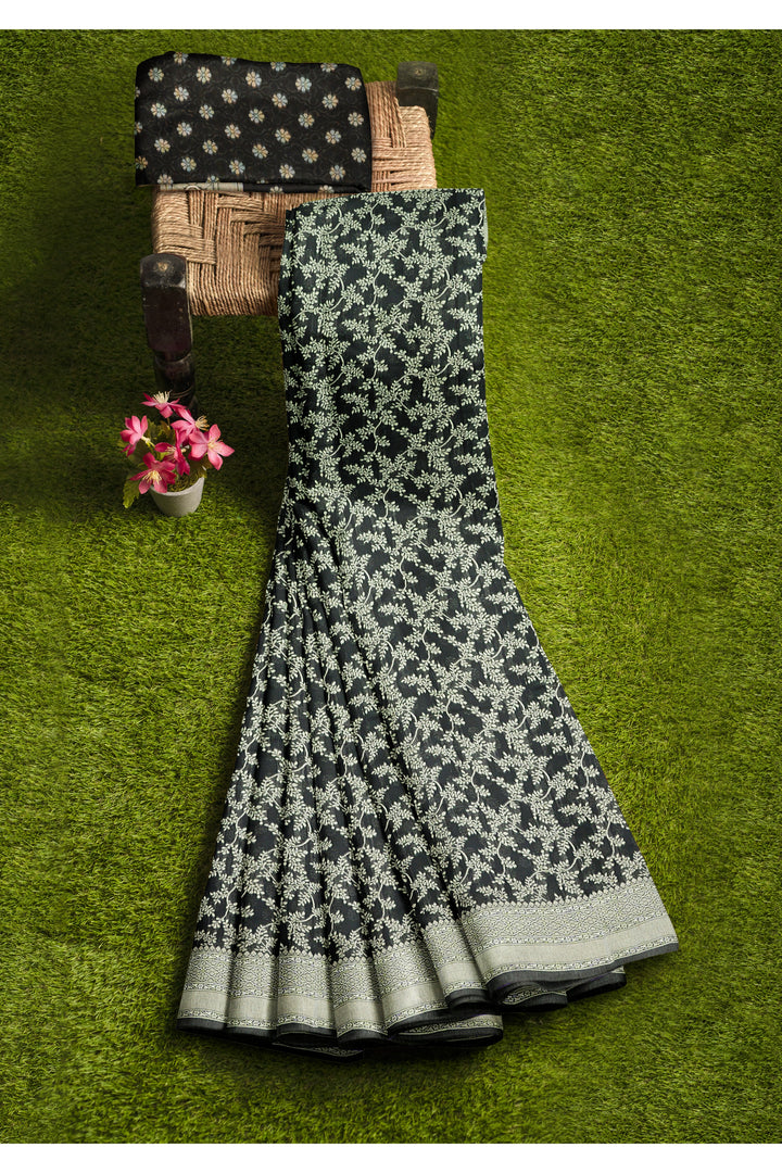 BLACK COLOUR BLENDED COTTON SADA BANARASI HANDLOOM SAREE - ATHARVA