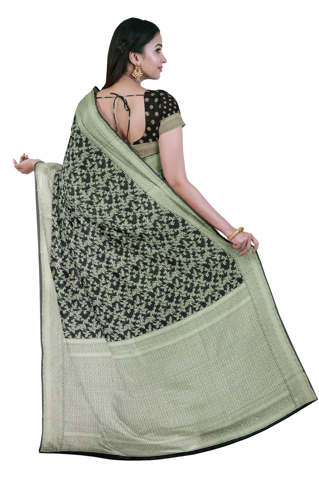 BLACK COLOUR BLENDED COTTON SADA BANARASI HANDLOOM SAREE - ATHARVA