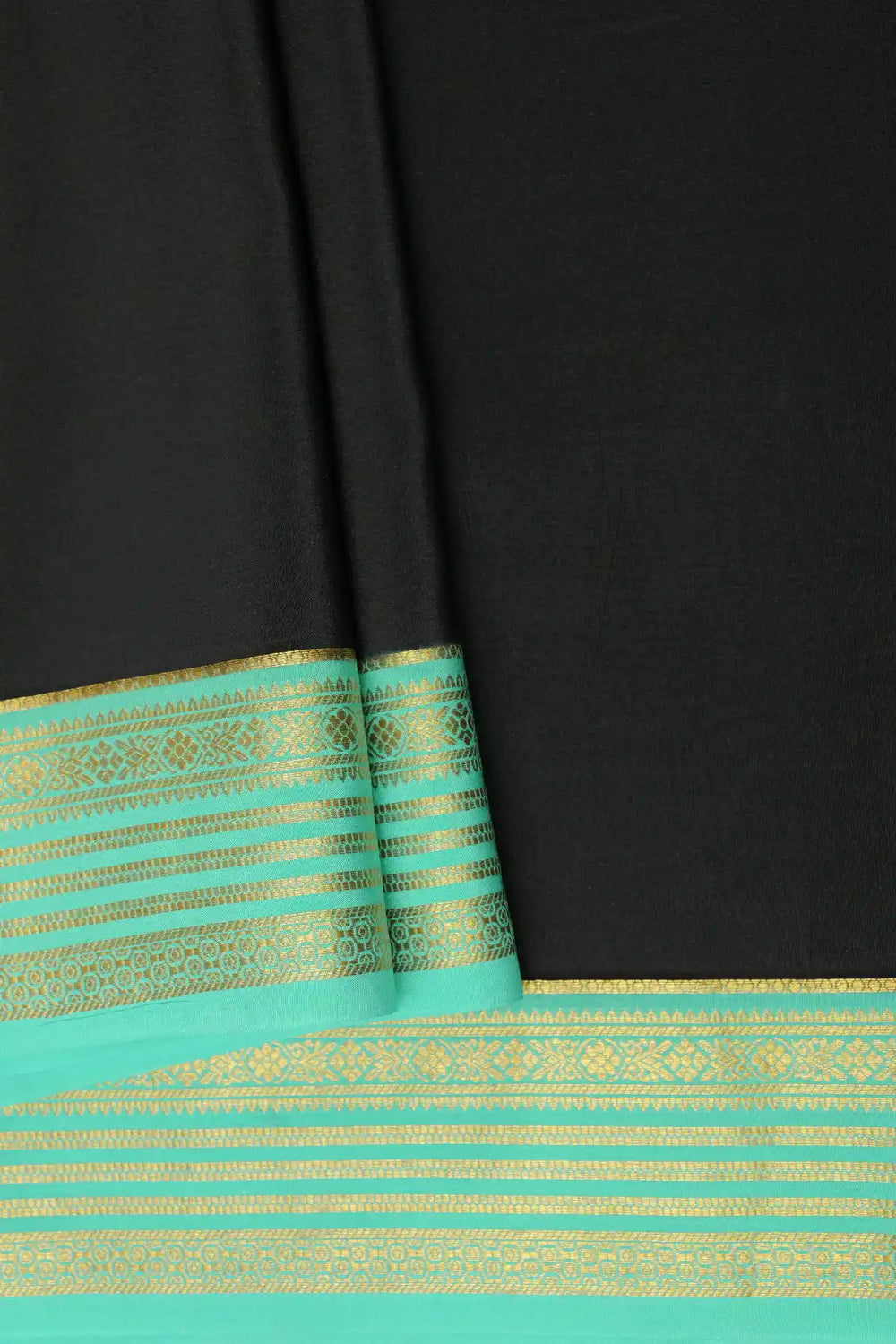 Black Mysore Silk Saree Sea Green Gold Striped Border