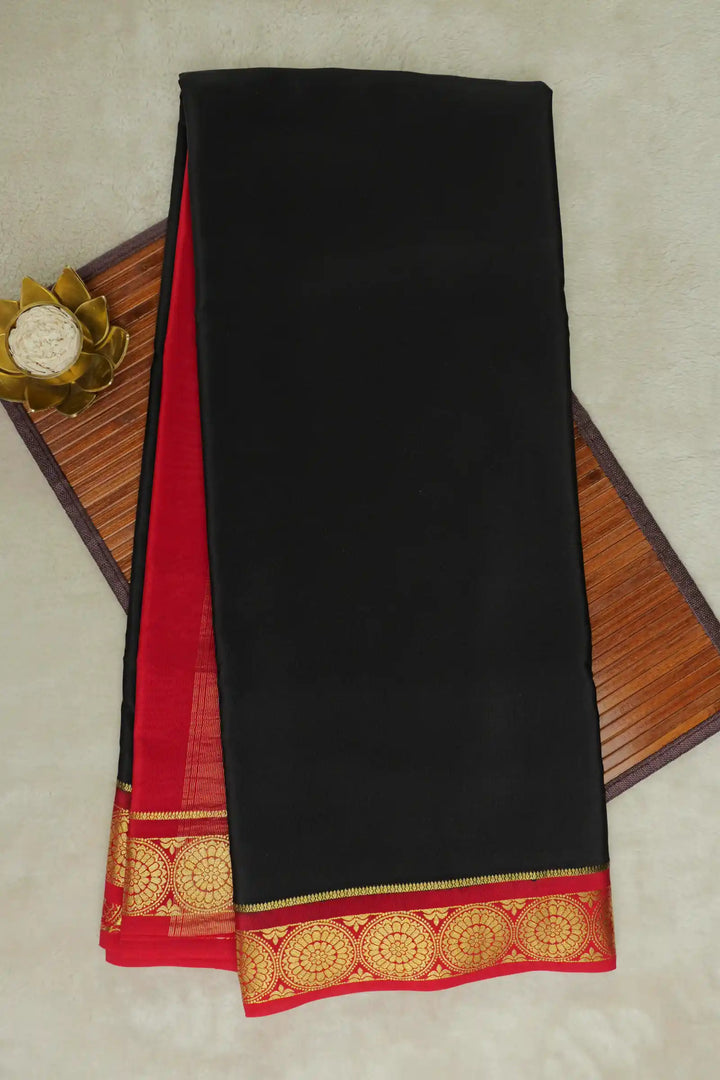 Black Mysore Silk Saree with Red Border and Gold Zari Motifs