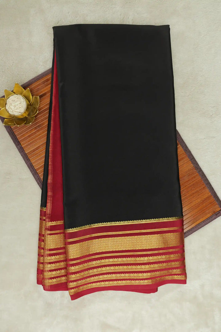 Black Mysore Silk Saree with Red Border and Gold Zari Stripes