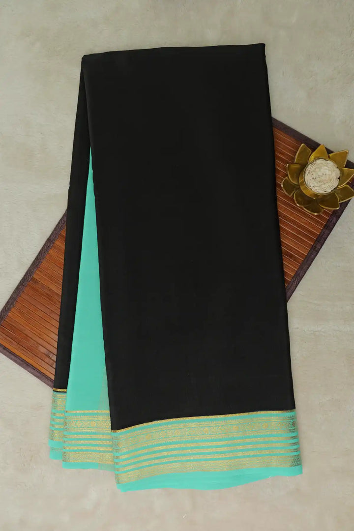 Black Mysore Silk Saree with Turquoise Gold Border
