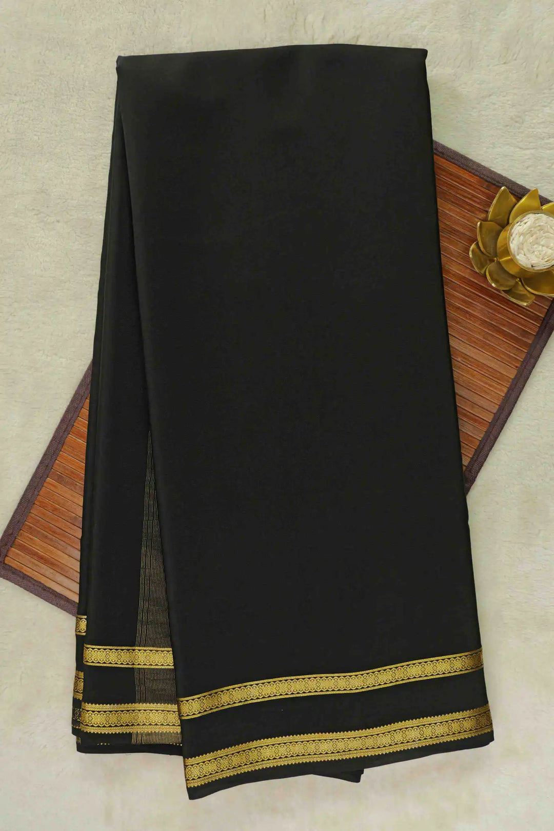 Black Mysore Silk Saree with black pallu and gold border