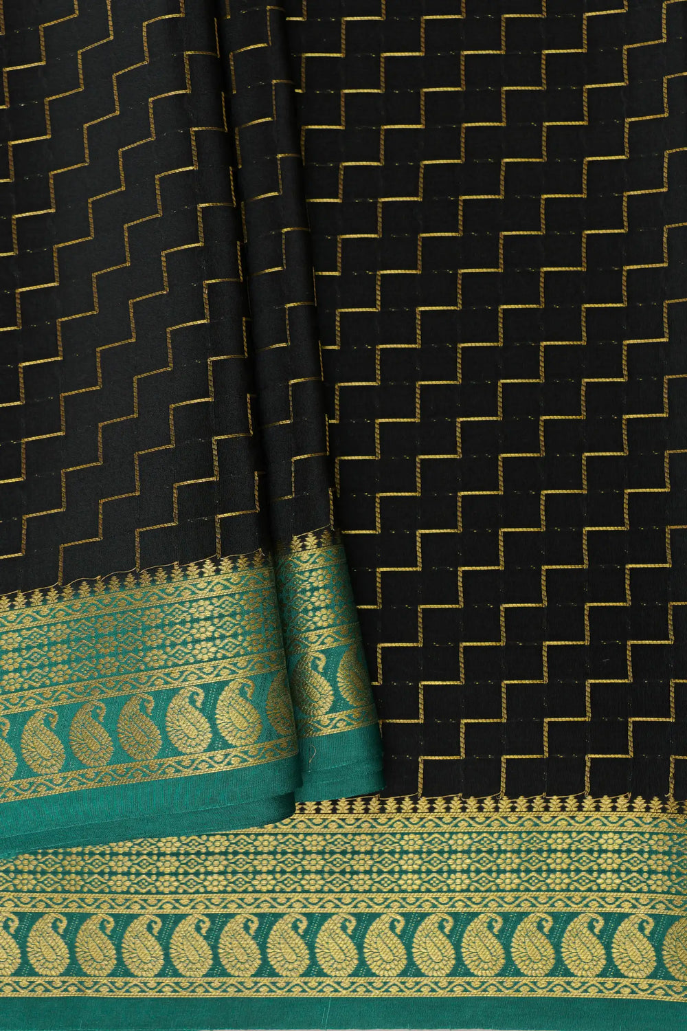Black and Green Color Mysore Silk Saree in Step checks with Contrast Border