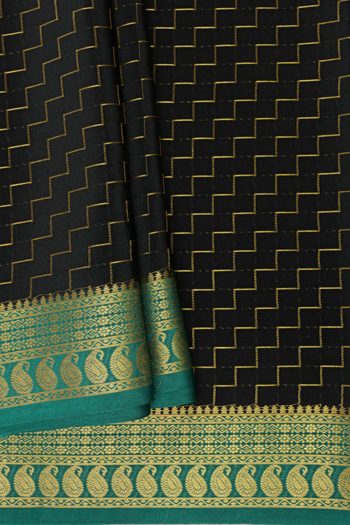 Black and Green Color Mysore Silk Saree in Step checks with Contrast Border
