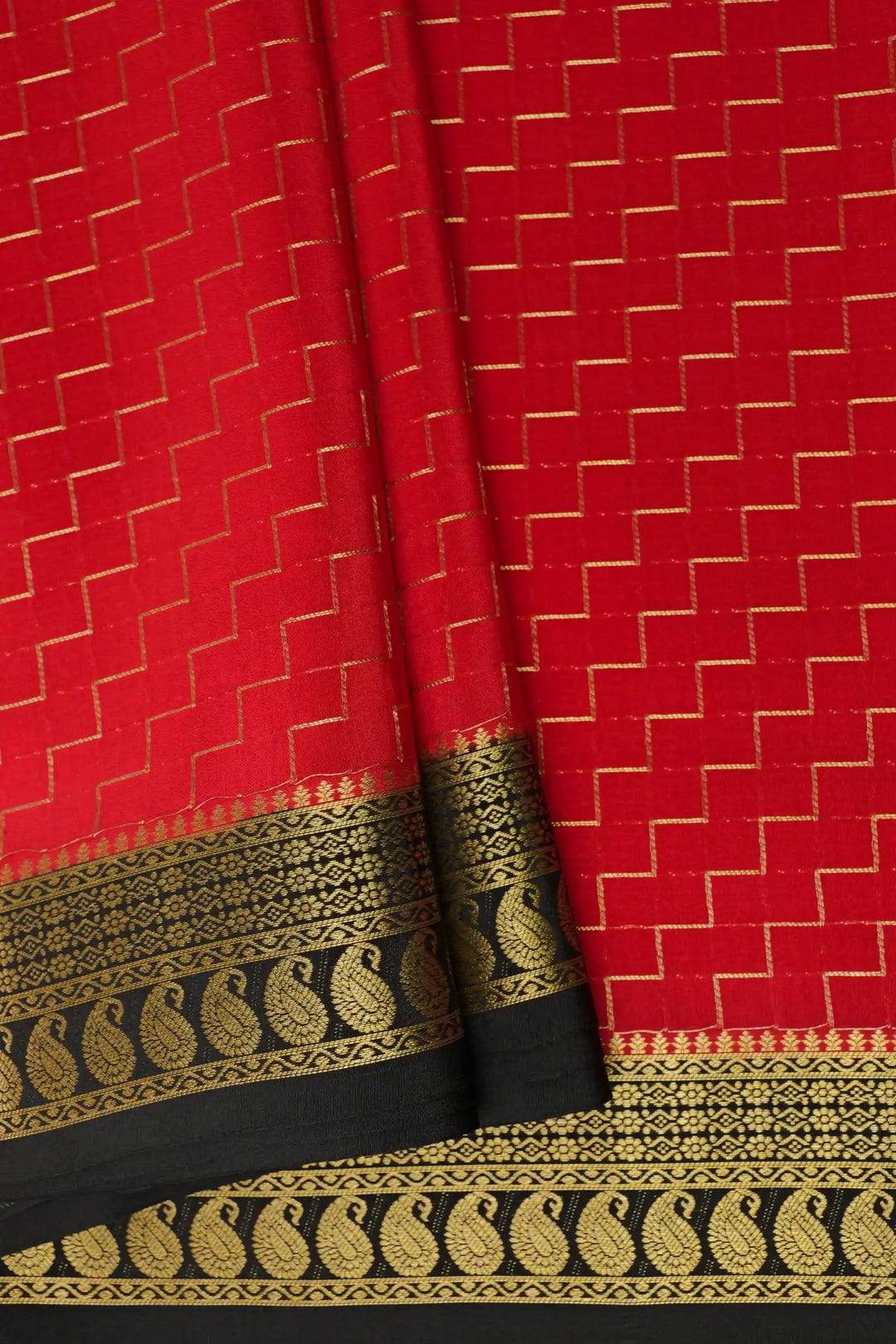 Black bordered Gold Zari Mysore Silk Saree in Red