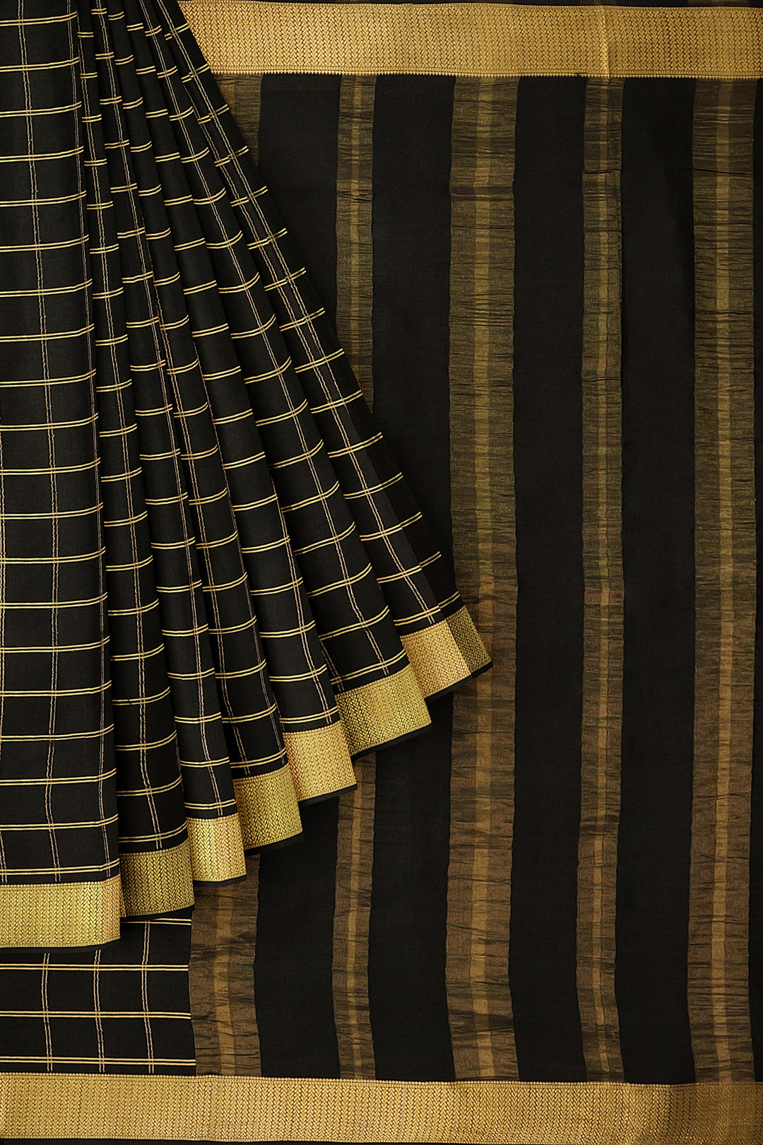 Black Colour checks Pure Mysore Crepe Silk Saree